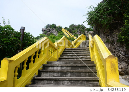 Beautiful yellow staircase, Endless staircase to Public place Wat Khao Chong Krachok Temple ( Wat Thammikaram Worawihan) Beautiful yellow staircase, Endless staircase to Public place Wat Khao Chong Krachok Temple ( Wat Thammikaram Worawihan) 84233119