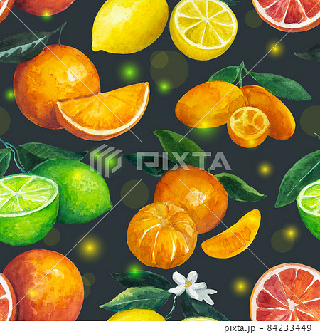 Seamless pattern with citrus fruits on holiday fairy background. Watercolor illustration for design and textile. Seamless pattern with citrus fruits on holiday fairy background. Watercolor illustration for design and textile. 84233449