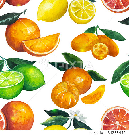 Seamless pattern with citrus fruits on holiday fairy background. Watercolor illustration for design and textile.  84233452