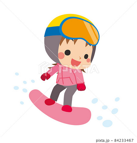 スノーボードを楽しむ可愛い小さな女の子のイラスト 白背景 クリップアート 全身のイラスト素材
