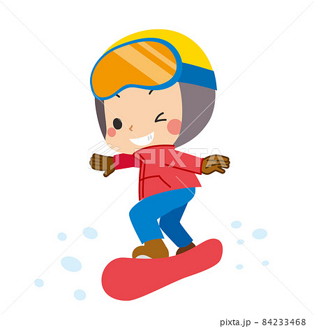スノーボードを楽しむ可愛い小さな男の子のイラスト 白背景 クリップアート 全身のイラスト素材