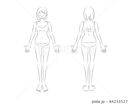 下着の女性の全身のイラスト　正面と後ろ向き　モノクロ 84233527