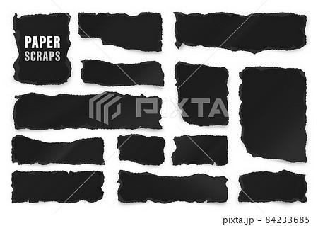 Ripped black paper strips. Realistic crumpled paper scraps with torn edges. Shreds of notebook pages Ripped black paper strips. Realistic crumpled paper scraps with torn edges. Shreds of notebook pages 84233685