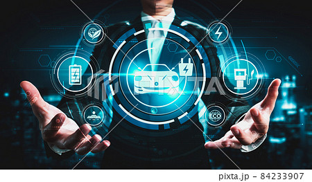 Electric car virtual reality concept with EV charging station for green energy Electric car virtual reality concept with EV charging station for green energy 84233907