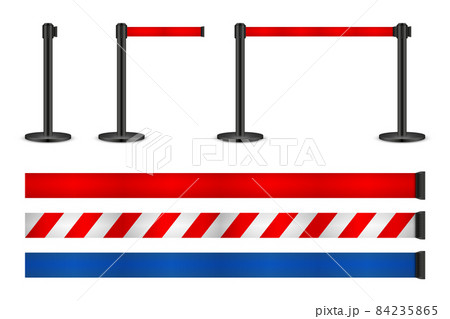 Realistic vector retractable belt stanchion. Crowd control barrier posts with caution strap. Queue 84235865