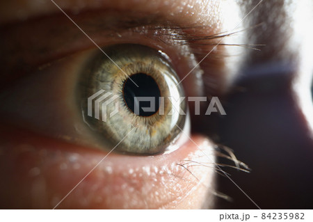 Males single eye looking away, pupil and retina in extreme macro shot Males single eye looking away, pupil and retina in extreme macro shot 84235982