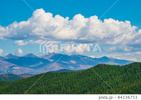 Bright natural background with green forest, blue sky and white clouds over the mountain slopes. Bright natural background with green forest, blue sky and white clouds over the mountain slopes. 84236753