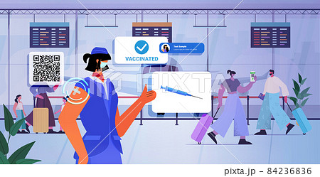 vaccinated stewardess using digital immunity passport with qr code successful covid-19 vaccination concept airport terminal vaccinated stewardess using digital immunity passport with qr code successful covid-19 vaccination concept airport terminal 84236836
