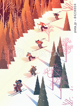 people skiing men women tourists running downhill doing activities winter vacation 84236934