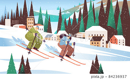 people skiing man woman tourists couple doing activities winter vacation concept snowfall landscape background 84236937