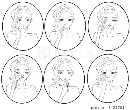 メイクアップする女性の顔セット 線画のイラスト素材