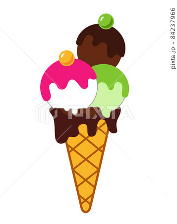 vanilla, pistachio and chocolate ice cream ball in a waffle cone cup.  Vector flat illustration 84237966