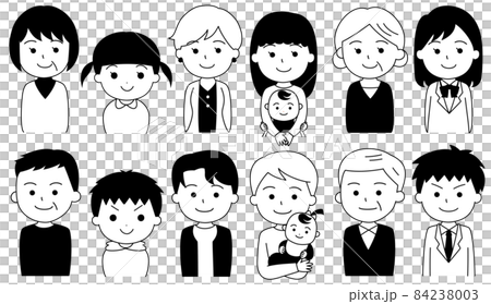 いろいろな年代の男女　上半身　セット　白黒・モノクロ 84238003