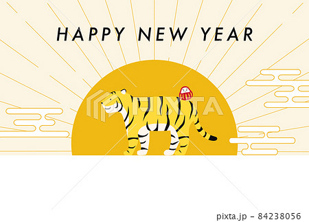 寅と初日の出のシンプルでおしゃれな2022年の年賀状テンプレートのベクターイラスト 84238056
