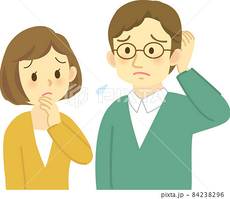 イラスト素材:若夫婦が向かい合って困った表情で思い悩む場面　 頭をかく姿 84238296
