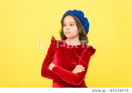 feel sad about something. serious girl in vintage beret hat. 84238476
