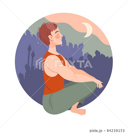 Side view of young man meditating in Lotus pose in nature. Guy practicing yoga and breathing exercise cartoon vector illustration 84239153