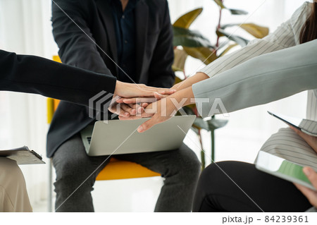 Business people proficiently celebrate project success at office workplace Business people proficiently celebrate project success at office workplace 84239361