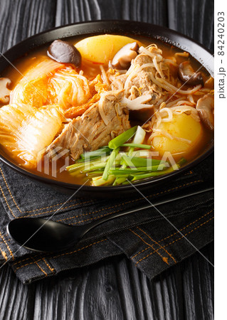 Gamjatang Pork Bone Korean Soup close up in the bowl. Vertical Gamjatang Pork Bone Korean Soup close up in the bowl. Vertical 84240203