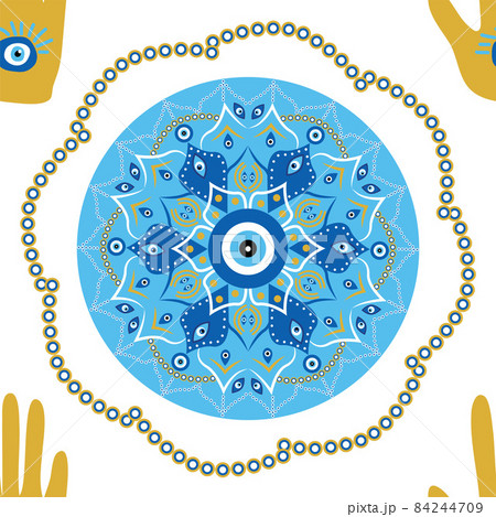 Mandala greek evil eye doodle seamless pattern. Magic, witchcraft, occult symbol, clip art line art collection. Hamsa eye, magical eye, decor element. 84244709