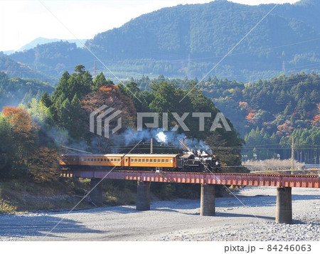 静岡県　大井川第四橋梁の紅葉とSL　11月 84246063