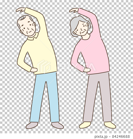 ラジオ体操をする高齢者夫婦のイラスト素材