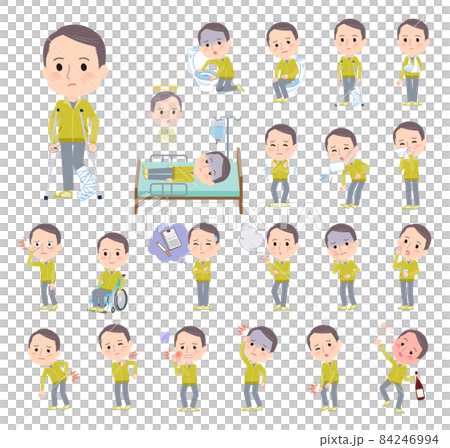 A set of middle-aged thin-haired men wearing sportswear injured or sick A set of middle-aged thin-haired men wearing sportswear injured or sick 84246994