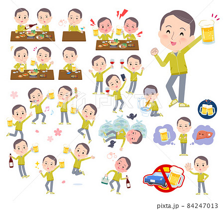 お酒に関するスポーツウエアを着た中年薄毛男性のセット 84247013