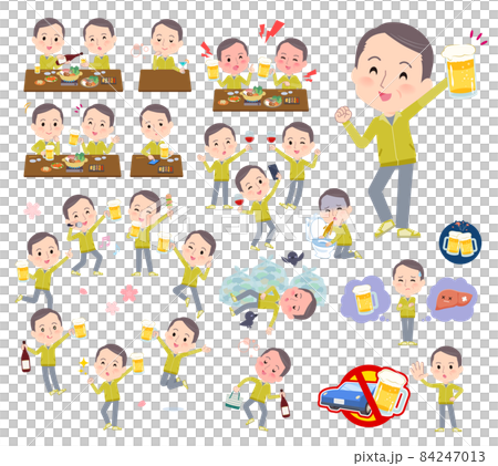 お酒に関するスポーツウエアを着た中年薄毛男性のセット 84247013