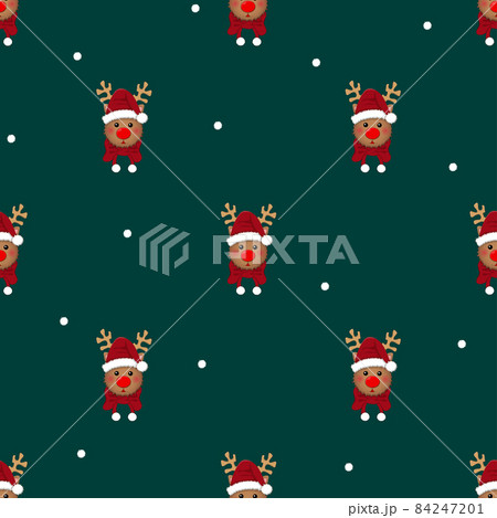 Reindeer Santa with Red Scarf and White Snow on Green Background. Reindeer Santa with Red Scarf and White Snow on Green Background. 84247201