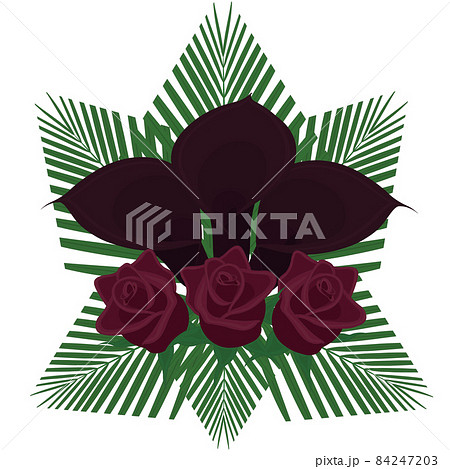 Calla lily and rose dark gloomy color bouquet with palm leaves vector illustration 84247203