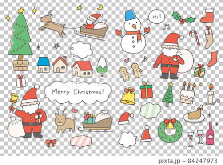 クリスマスにまつわる手描きイラストセット（カラー）のイラスト