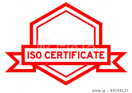 Vintage red color hexagon label banner with word ISO certificate on white background 84248121