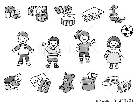 子供とおもちゃのイラストセット　モノクロ 84248202