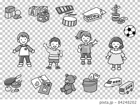 子供とおもちゃのイラストセット　モノクロ 84248202