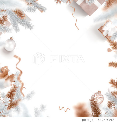 Christmas square white blank background with bronze gift box, ornamental decoration border Christmas square white blank background with bronze gift box, ornamental decoration border 84249397