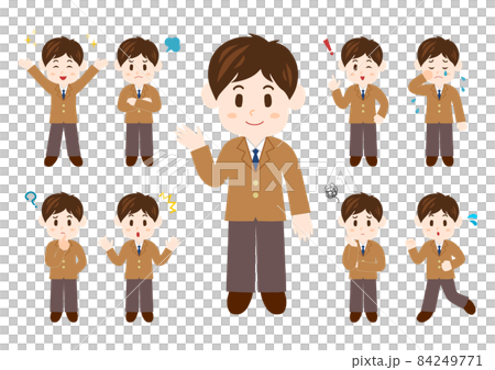 人物イラスト 全身セット 男子高生 茶色のブレザーのイラスト素材