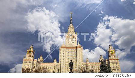 The Main building of Lomonosov Moscow State University on Sparrow Hills (on the background of the sky with clouds). It is the highest-ranking Russian educational institution. Russia 84250267