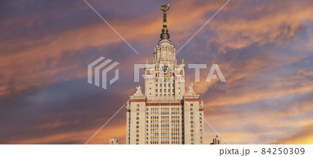 The Main building of Lomonosov Moscow State University on Sparrow Hills (on the background of the sky with clouds). It is the highest-ranking Russian educational institution. Russia The Main building of Lomonosov Moscow State University on Sparrow Hills (on the background of the sky with clouds). It is the highest-ranking Russian educational institution. Russia 84250309