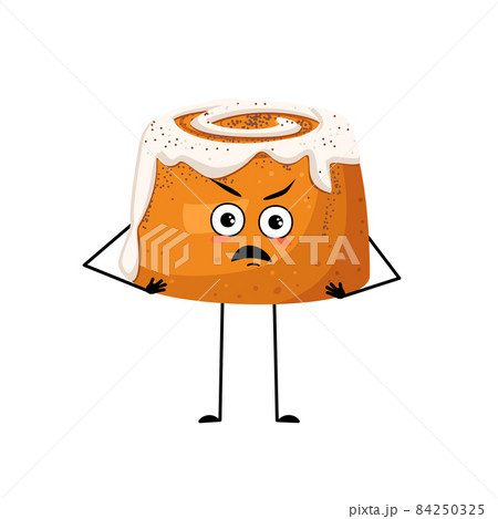 Cute cinnamon pastry bun character with angry emotions, grumpy face, furious eyes, arms and legs. Irritated baking person. Vector flat illustration Cute cinnamon pastry bun character with angry emotions, grumpy face, furious eyes, arms and legs. Irritated baking person. Vector flat illustration 84250325