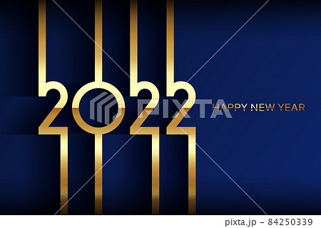 golden 2022 Happy New Year card with premium foil gradient texture lines, dark background. Festive luxury design for holiday card, invitation, calendar poster. 2022 New Year gold text on blue 84250339