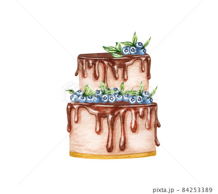 Watercolor layered wedding cream cake with floral decorations . Birthday delicious cake. Cake clipart Watercolor layered wedding cream cake with floral decorations . Birthday delicious cake. Cake clipart 84253389