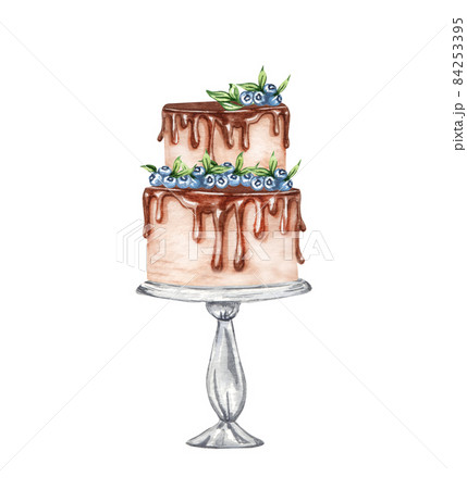 Watercolor layered wedding cream cake with floral decorations on a cake stand. Birthday delicious cake. Cake clipart 84253395