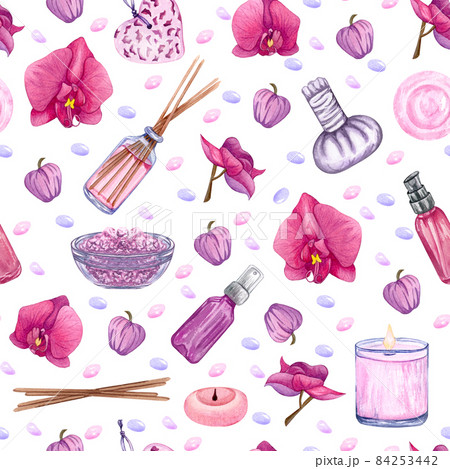 Watercolor seamless pattern on the theme of beauty, spa and cleanliness. Consists of various bath accessories 84253442