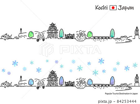 冬の高知県の観光地の街並みのシンプル線画セット 84253444