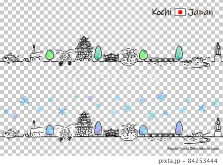 冬の高知県の観光地の街並みのシンプル線画セット 84253444
