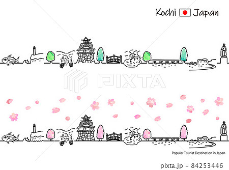 春の高知県の観光地の街並みのシンプル線画セット 84253446