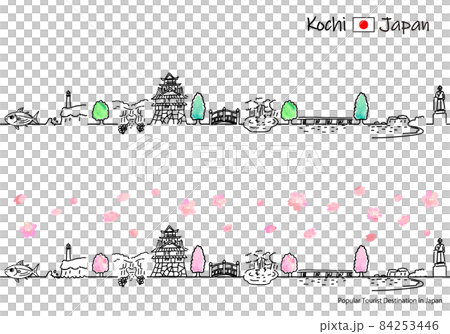 Simple line drawing set of cityscape of sightseeing spots in Kochi prefecture in spring 84253446
