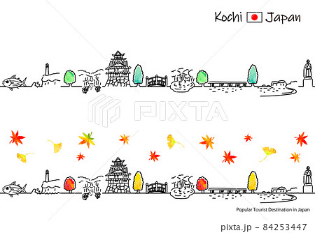 秋の高知県の観光地の街並みのシンプル線画セット 秋の高知県の観光地の街並みのシンプル線画セット 84253447