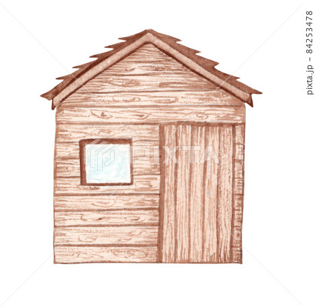 Watercolor garden shed. Spring garden illustration. Wooden house 84253478